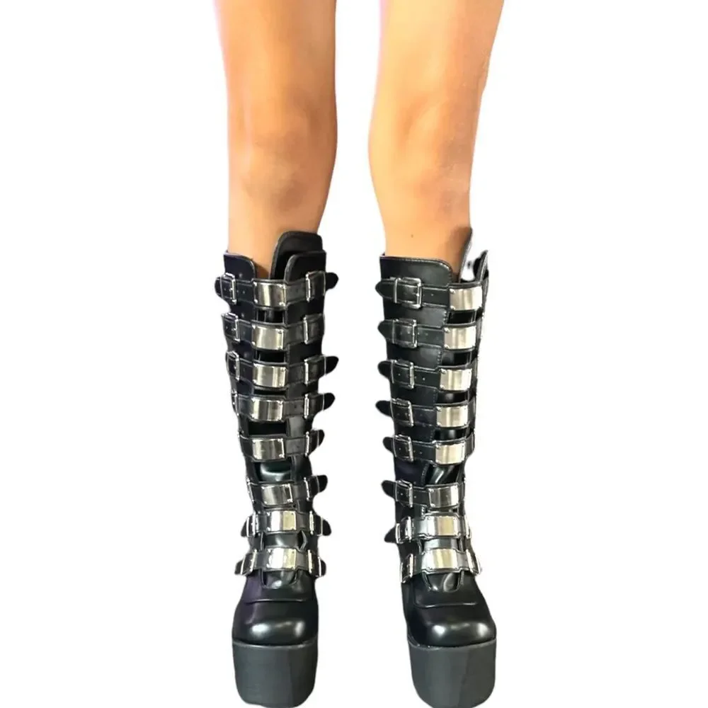 Black Wedge Knee Platform Boots - NEW